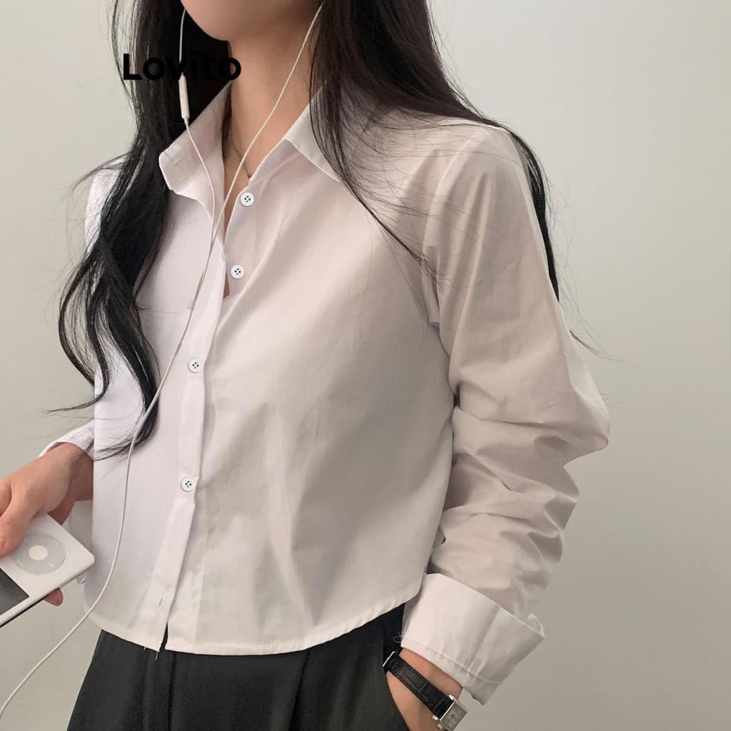 Lovito Elegante Blusa Branca Com Botão Frontal Básica Verão/Primavera Para Mulheres LNE43603