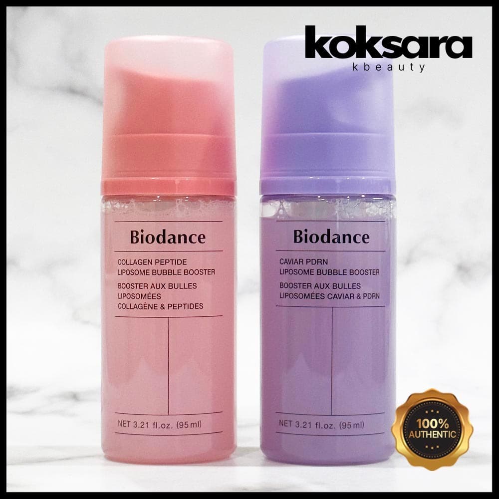 Os Bubble Boosters da Biodance fazem aquela espuminha na pele e têm duas versões: colágeno + peptídeos, focada em firmeza e elasticidade, e PDRN + caviar, para revitalização e viço