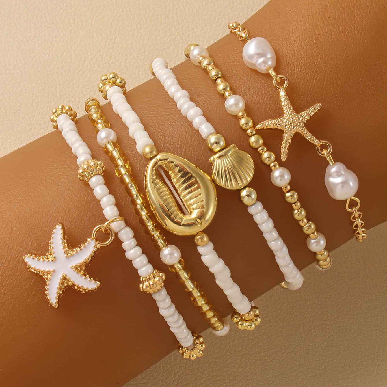 Conjunto De Pulseiras Requintadas De Estrela Do Mar E Contas De Concha , 6 Peças – Joias De Praia De Verão Multicamadas