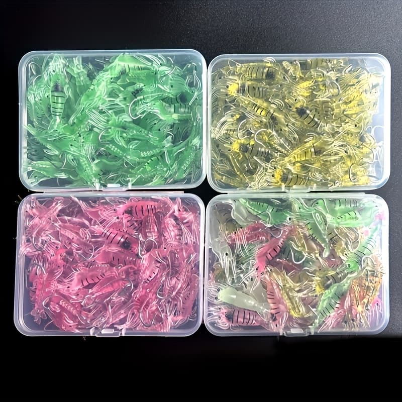 Conjunto de 50 Iscas Luminosas de Camarão para Pesca, Isca Macia de Silicone para Pescaria Noturna com Anzol