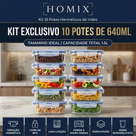 Conjunto 10 Potes 640ml  Vidro Hermético
