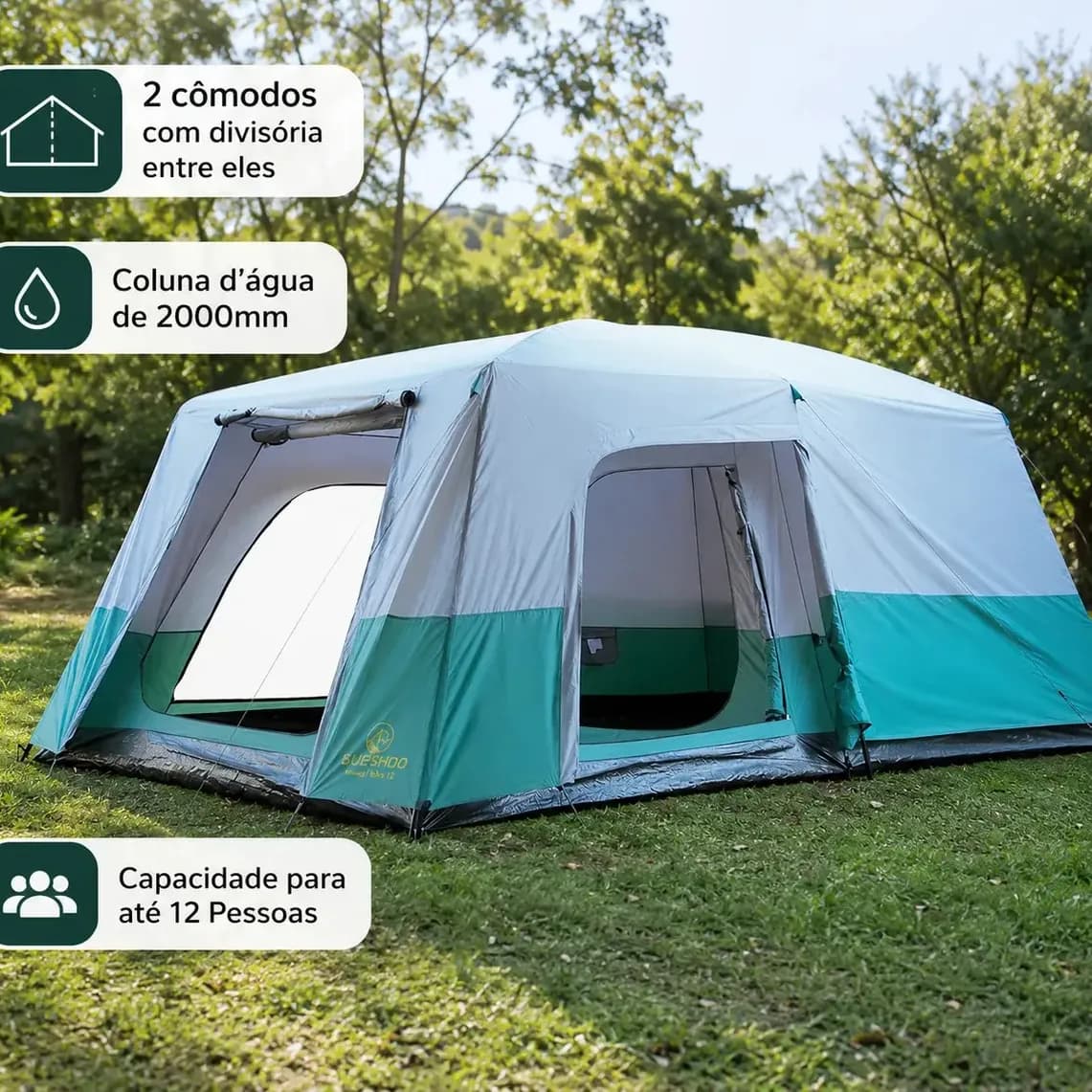 publi | Barraca Camping Acampamento 6 a 12 Pessoas Família Grande 2 Ambientes com Divisória Guepardo Titan Verde e Cinza