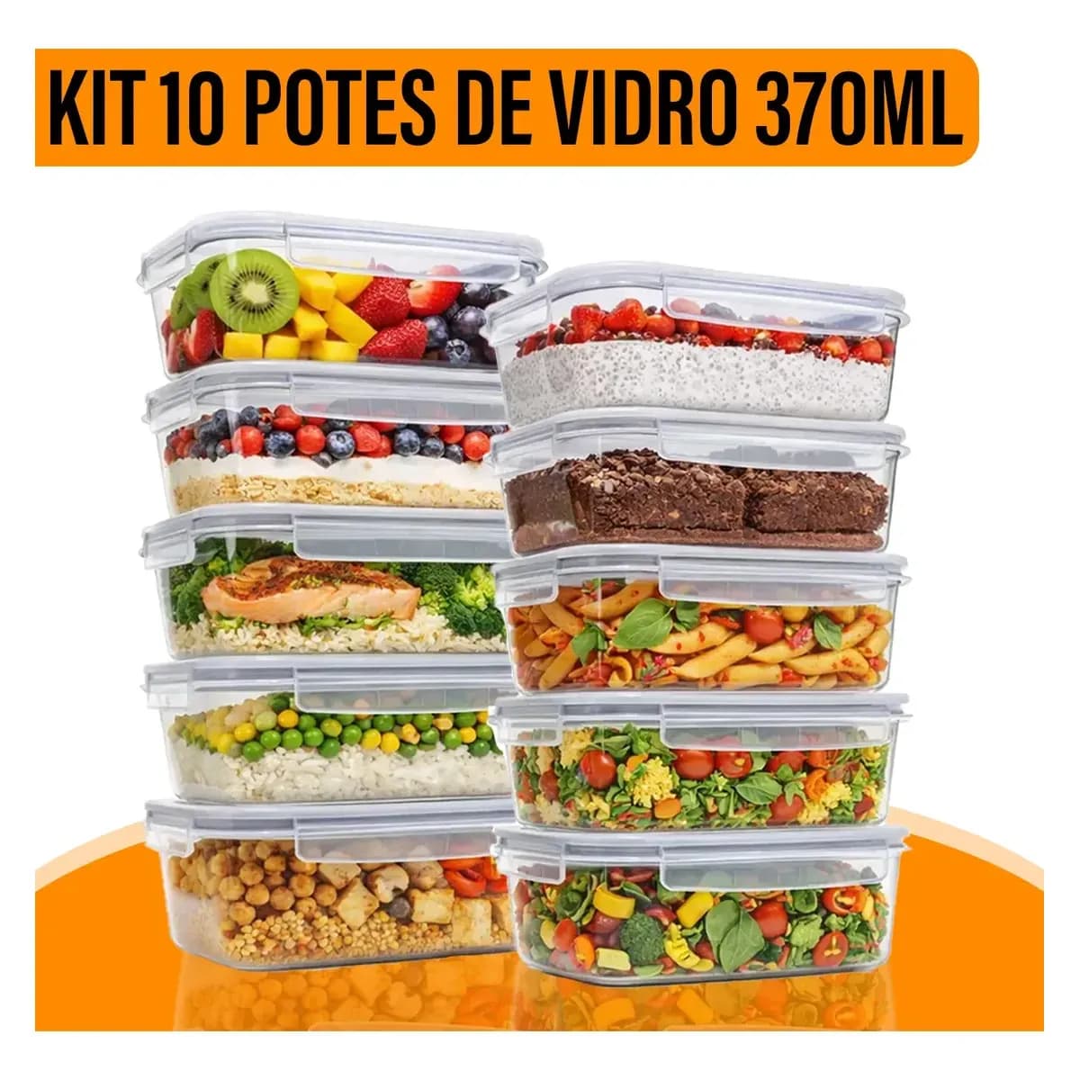 Kit 10 Potes Herméticos de Vidro Yab Borossilicato 370 ml Com Tampa Branca