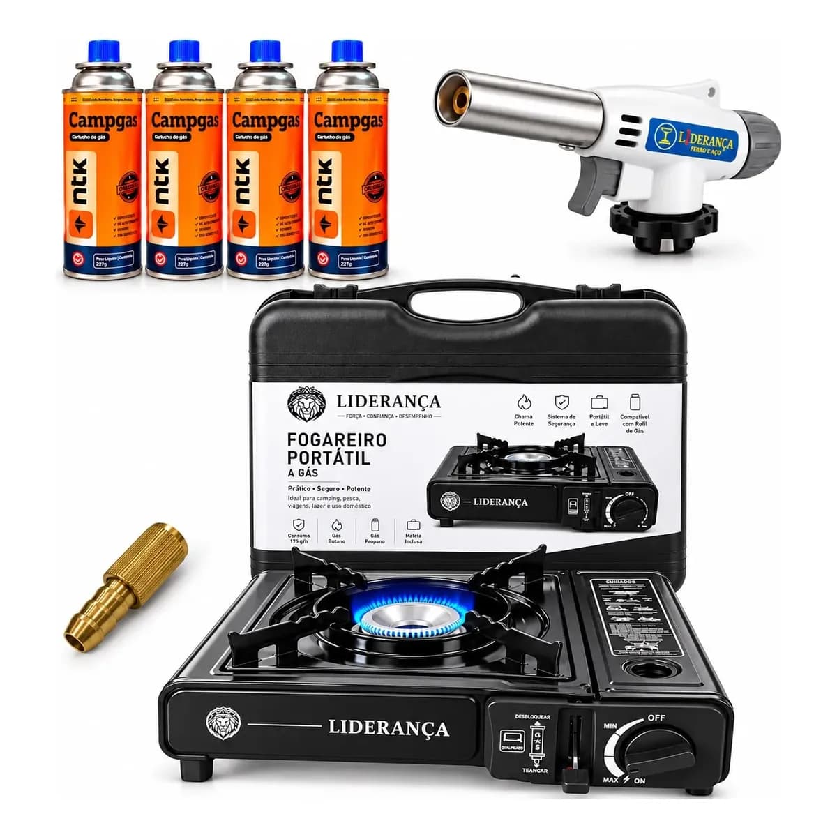 Kit Fogareiro Fogão Portátil Camping Pesca + Acessórios Preto