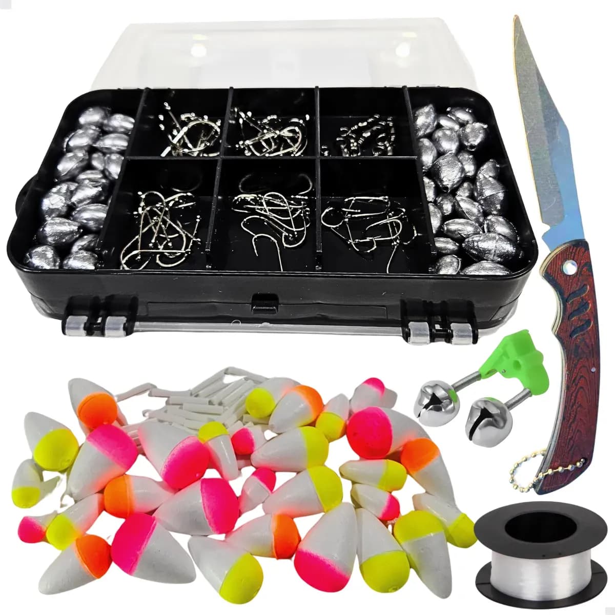 Kit Pesca Completo Estojo Anzol Boia Linha Chumbada Girador