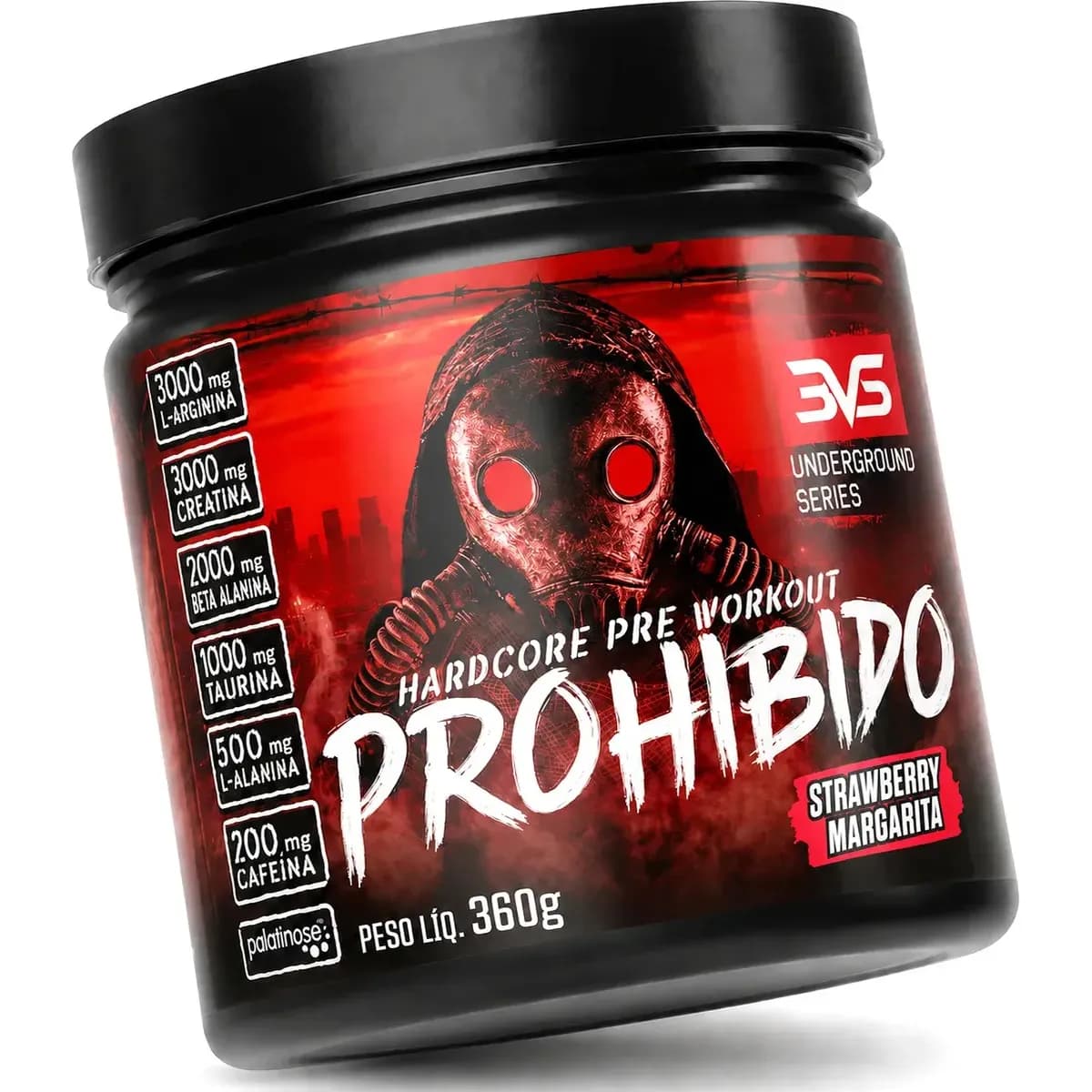 PRÉ TREINO PROHIBIDO 360g Sabor Morango (Strawberry Margarita) - Fórmula Avançada contendo Creatina, Beta Alanina, Taurina, L-tirosina, L-alanina, Cafeína, Arginina e Palatinose - Extra Forte