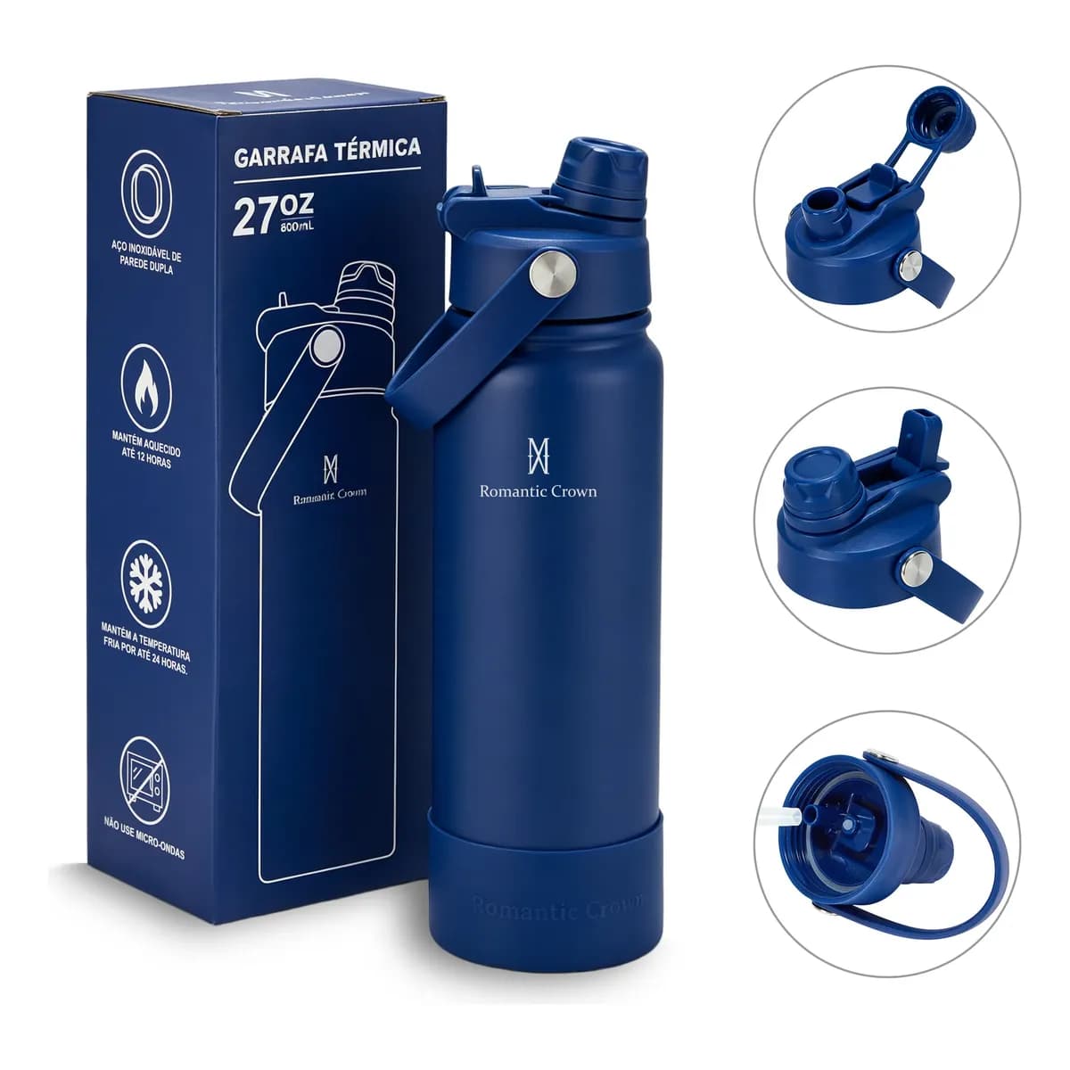 Garrafa Térmica 800ml Inox Bico Duplo Canudo Alça Esporte Azul