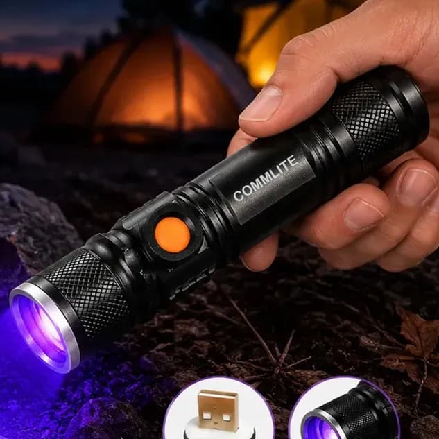 Lanterna Led Uv Luz Negra Potente Para Escorpião Inspeção De Dinheiro Acampamento Aventuras Noturnas Commlite Festas Fluorescentes Corpo Reforçado Resistente Nova Compacta Preto