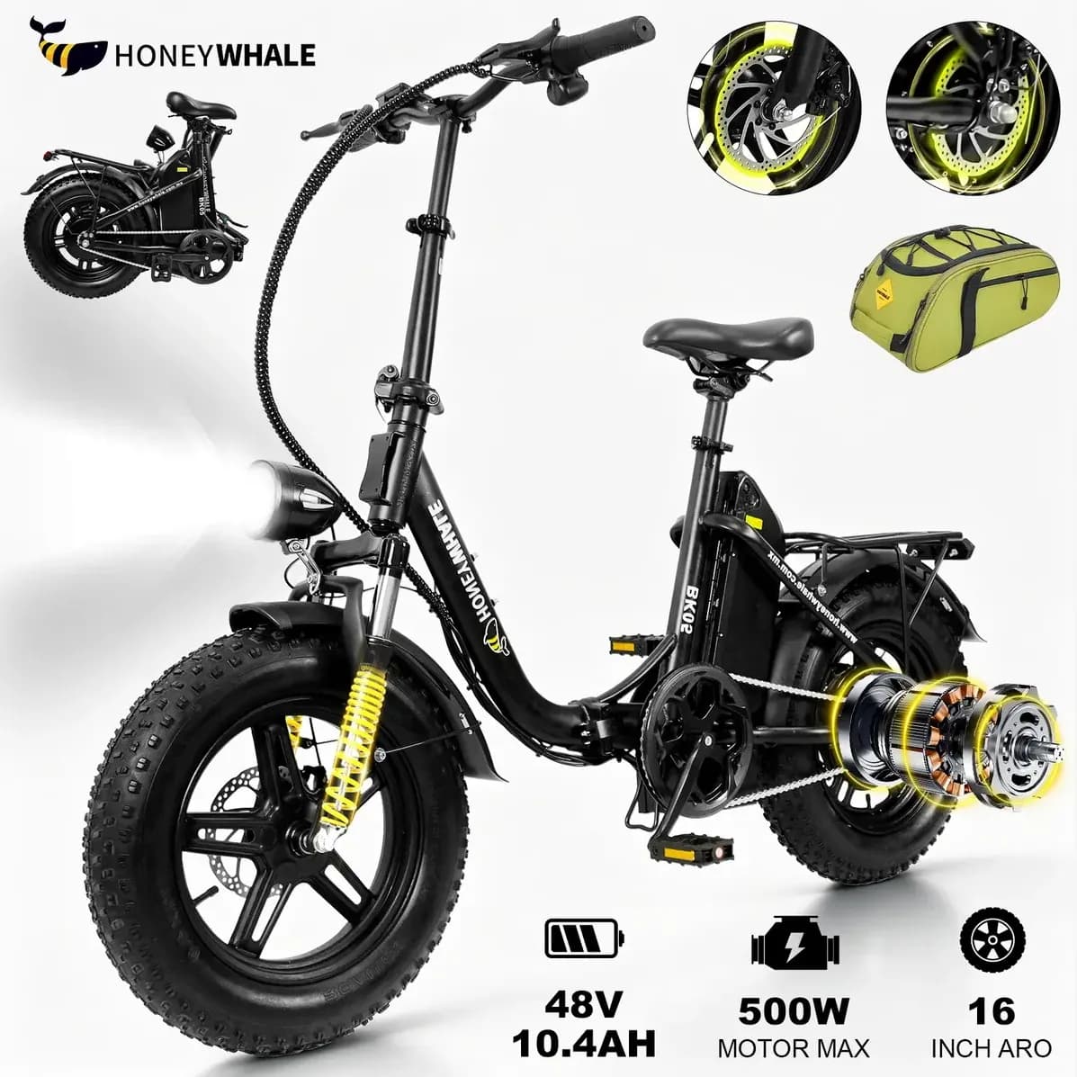 Honeywhale Bk05 Bicicleta Elétrica Adulto, 500w-40km-38km/h-130kg, Motor-Autonomia-Velocidade-Carge-Ebike, 10,4 Ah Bateria, 5 Modos De Velocidade, Honey Whale Bike Dobrável Com Bolsa, 16 Aro