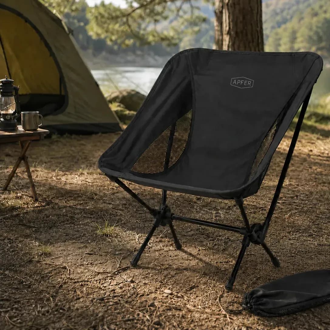 Cadeira Camping Dobrável Portátil Compacta para Pescar, Praia, Trilha, Viagens, Acampamento, Varanda, Parques e Lazer Suporta até 100kg - APFER (PRETA