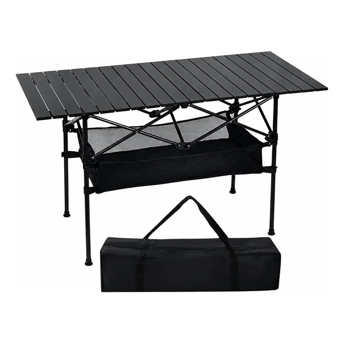 Mesa Dobrável 120cm Ultraleve Portátil Altura C/ Porta Objetos Para Camping Garden Life Acampamentos Churrascos Piqueniques Caminhadas Pesca Preto Preto