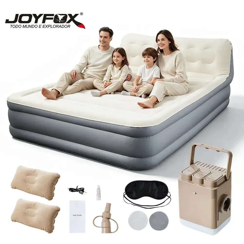 Colchão Inflável Queen Joyfox com Bomba Elétrica Recarregável, Lanterna LED e Encosto Integrado