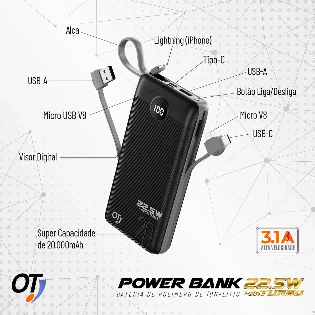 Power Bank O.T 20.000mAh de Carga Rápida com Display Digital