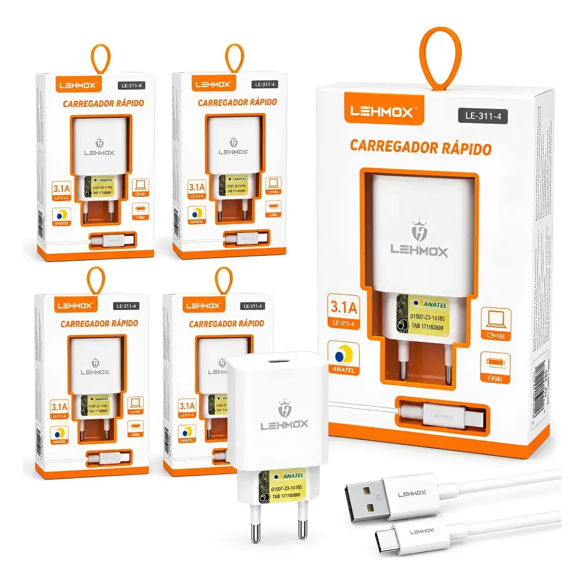 Kit 05 Carregador Usb + Cabo Tipo C Rápido Atacado Revenda Branco