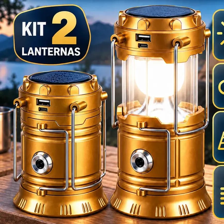 Kit 2 Lampiões LED Recarregáveis USB-C com Painel Solar e Foco para Camping