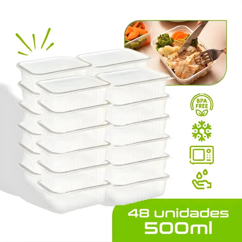 publi | 48 Marmitas 500ml Comida Fitness Pote Descartável Retangular Plástico Freezer Microondas Com Tampas - Mtones