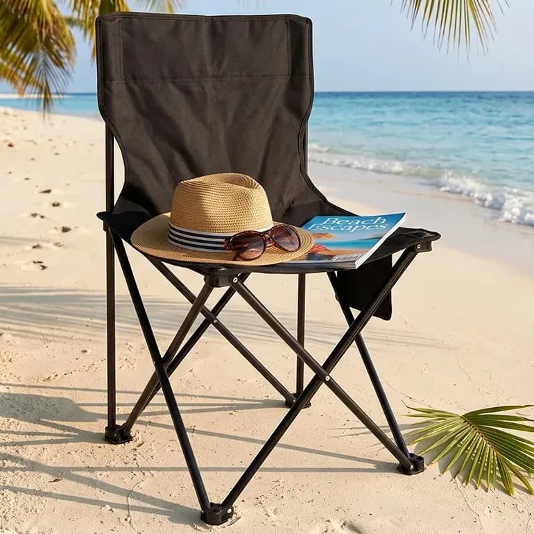 Cadeira Winda Camping Dobrável Portátil Oxford 600D com Bolsa e Bolso Lateral Preta