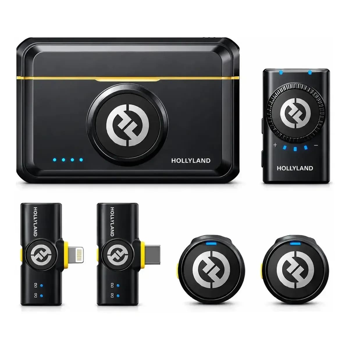 Microfone de lapela Hollyland Lark M2 Combo Preto. Sem Fio Duplo Com Cancelamento de Ruído USB-C Lightning Para iPhone Android Câmera Entrevistas Com Estojo de Carregamento Áudio 48kHz 24-bit