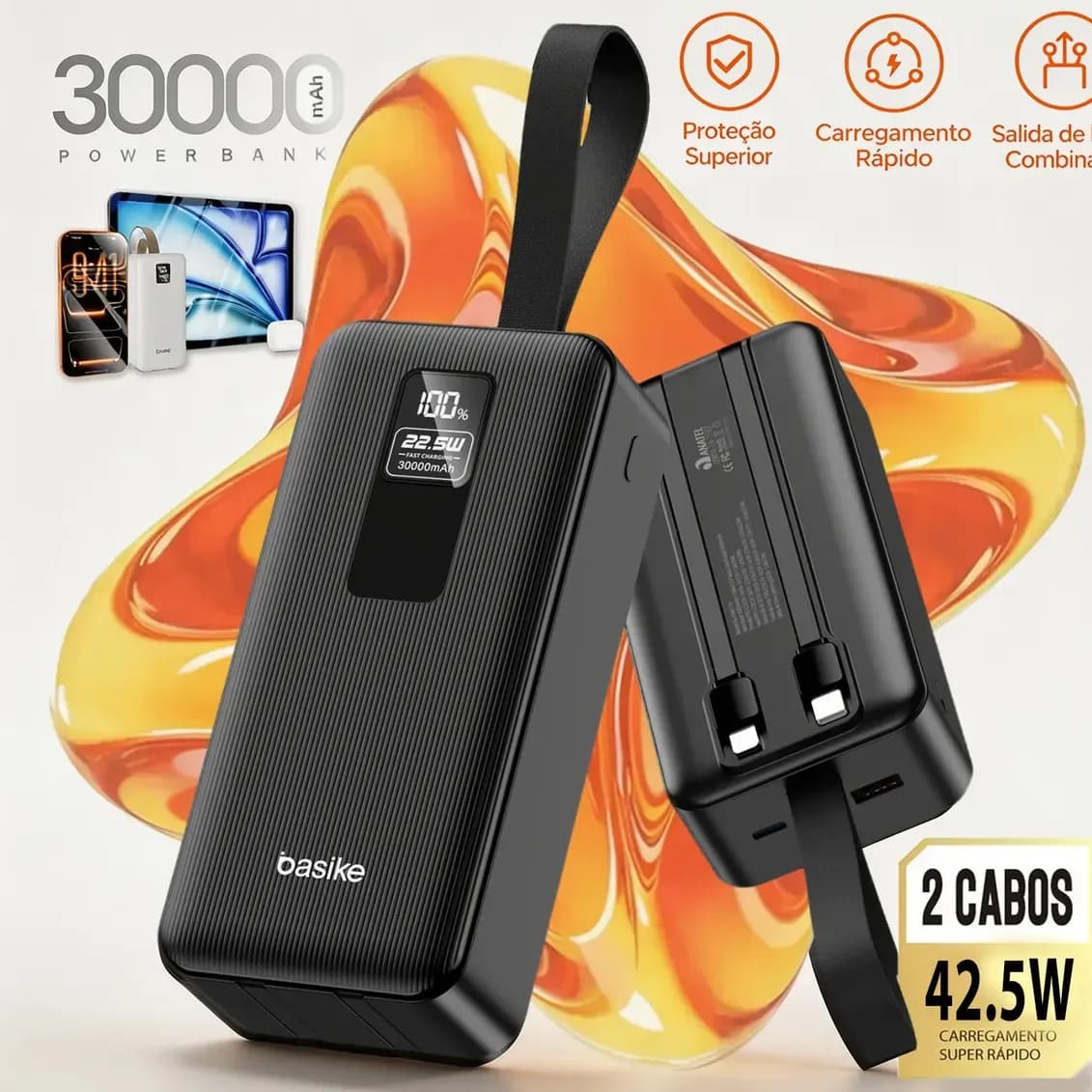 Basike Power Bank 30000mAh Com Carga rápida Turbo 42.5w Cabo e Digital para Celular Universal Para Celulares iPhone 17/16/15/14/13/12 Samsung Galaxy S24/S23/S22/S21/A55/A54 Motorola Mo