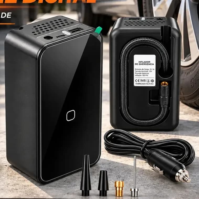Bomba De Ar Manual Portátil Digital Recarregável Para Encher Pneu Carro Moto Bik Bolas Preto