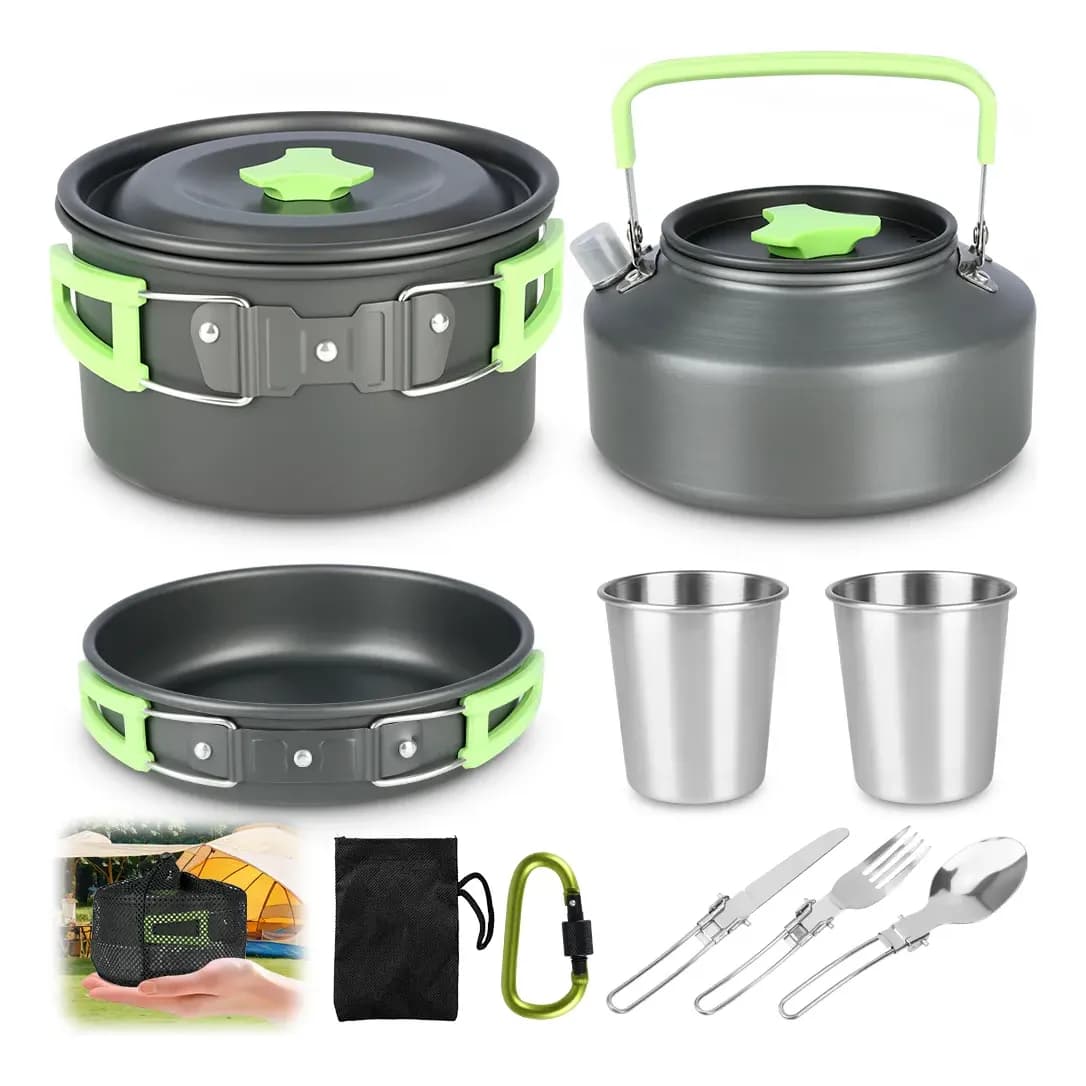 Kit Panelas Camping Cooking Set Com Chaleira/pesca Cor Verde