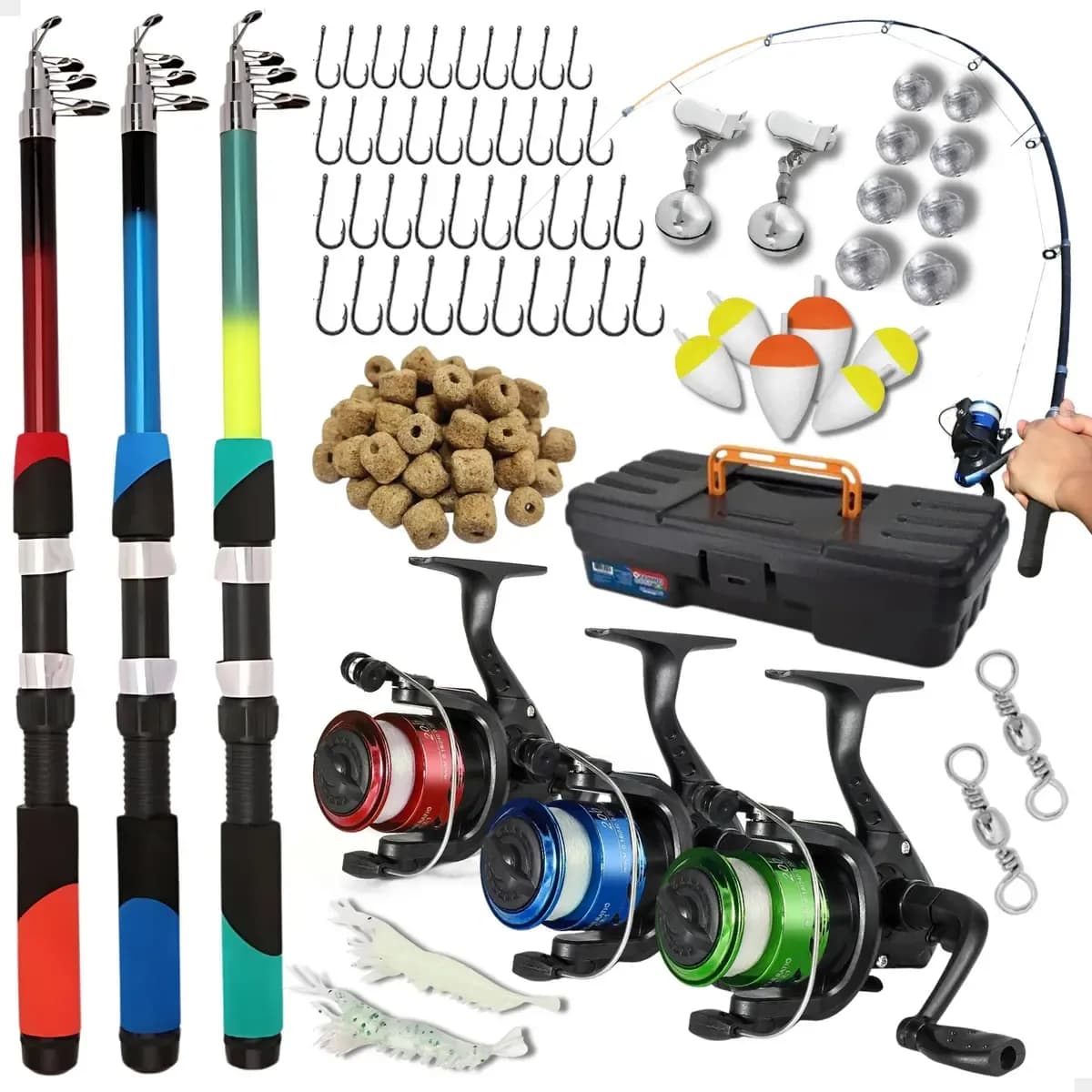 Kit de Pesca Completo Pescamping com 3 Varas Telescópicas e 3 Molinetes de Fibra de Vidro, Maleta e Acessórios