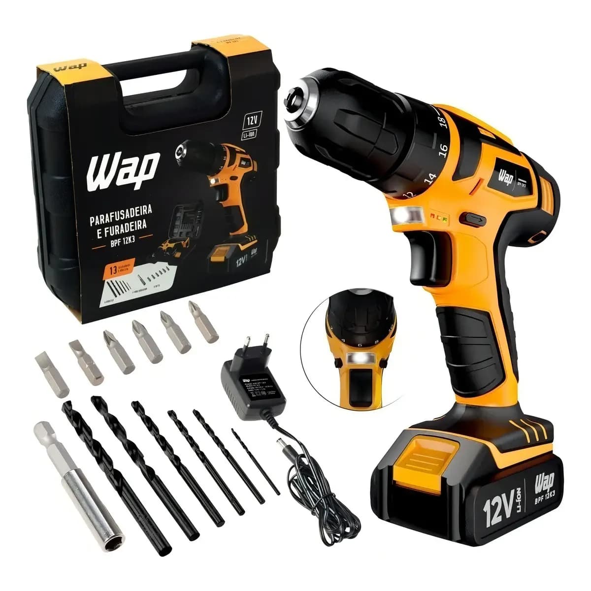 Parafusadeira Furadeira Sem Fio 12V WAP BPF 12K3 Kit Maleta