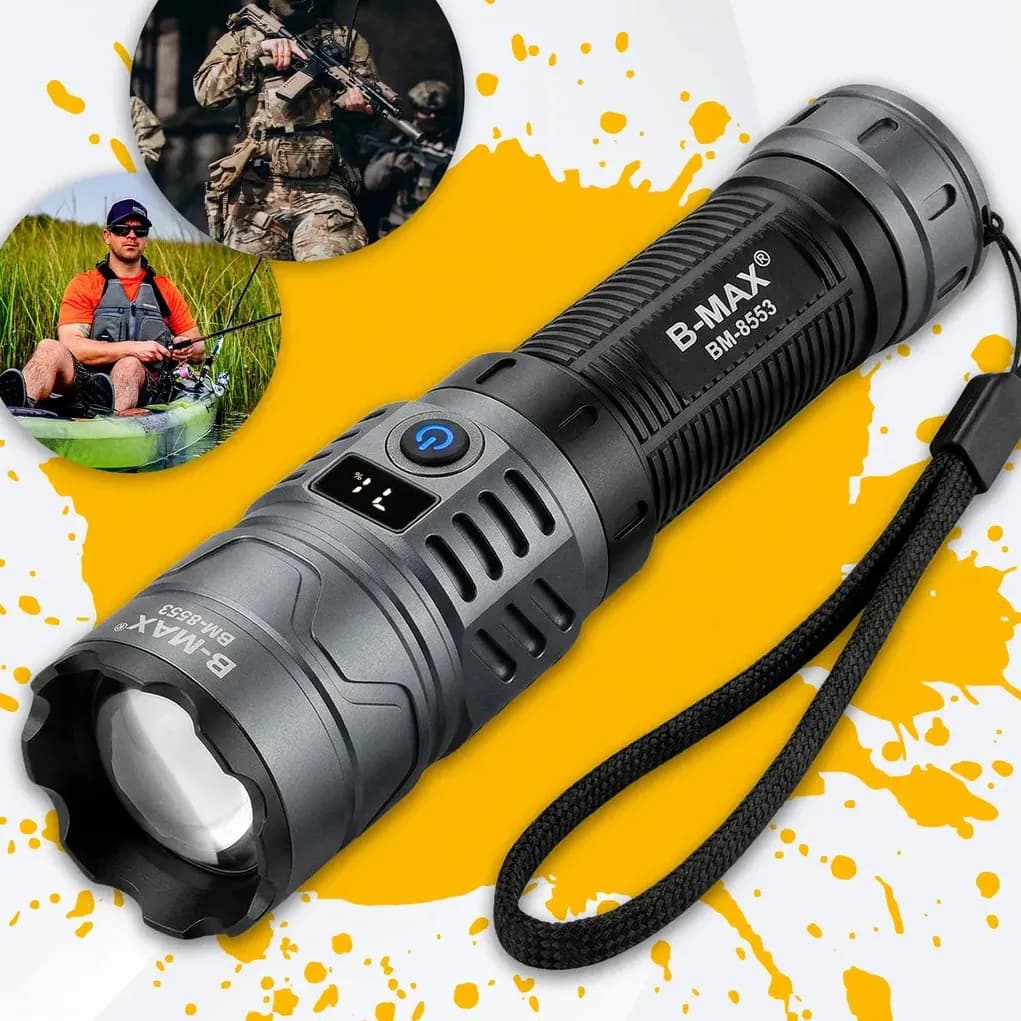 Lanterna Tática Recarregável B-Max BM-8553 com Zoom, Lampião e Power Bank
