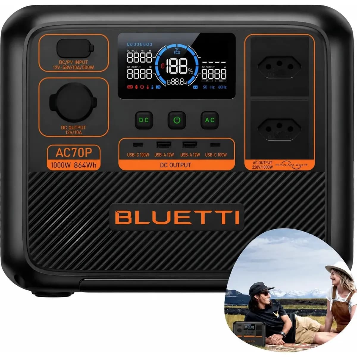 Estação Energia Gerador Portátil Bluetti Ac70p 1000w 864wh