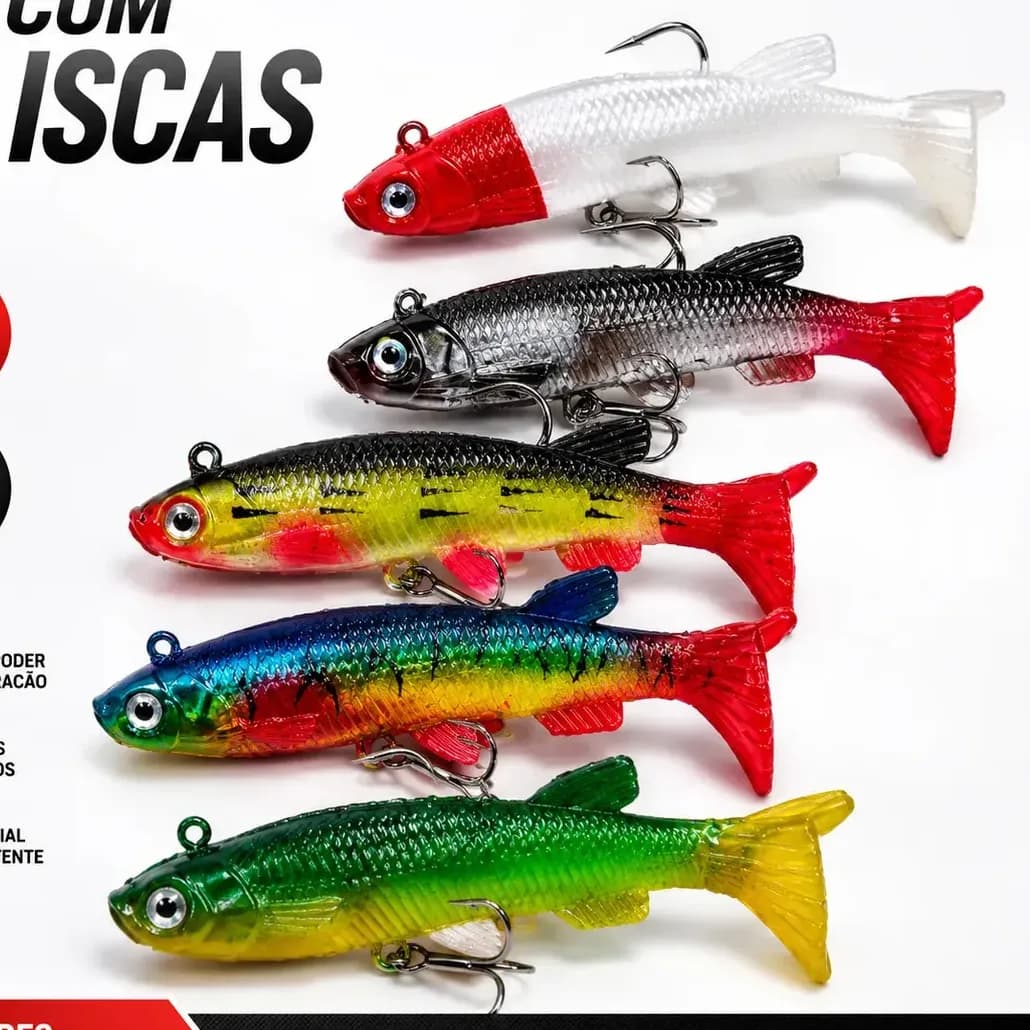 Kit 5 Isca Artificial Predadores Shad Soft Silicone 8cm 12g com Anzol e Garateia Pesca Tucunaré Robalo Traíra Corvina Pescada Ideal para  Molinete e Carretilha Água Doce e Salgada - Petite Flô