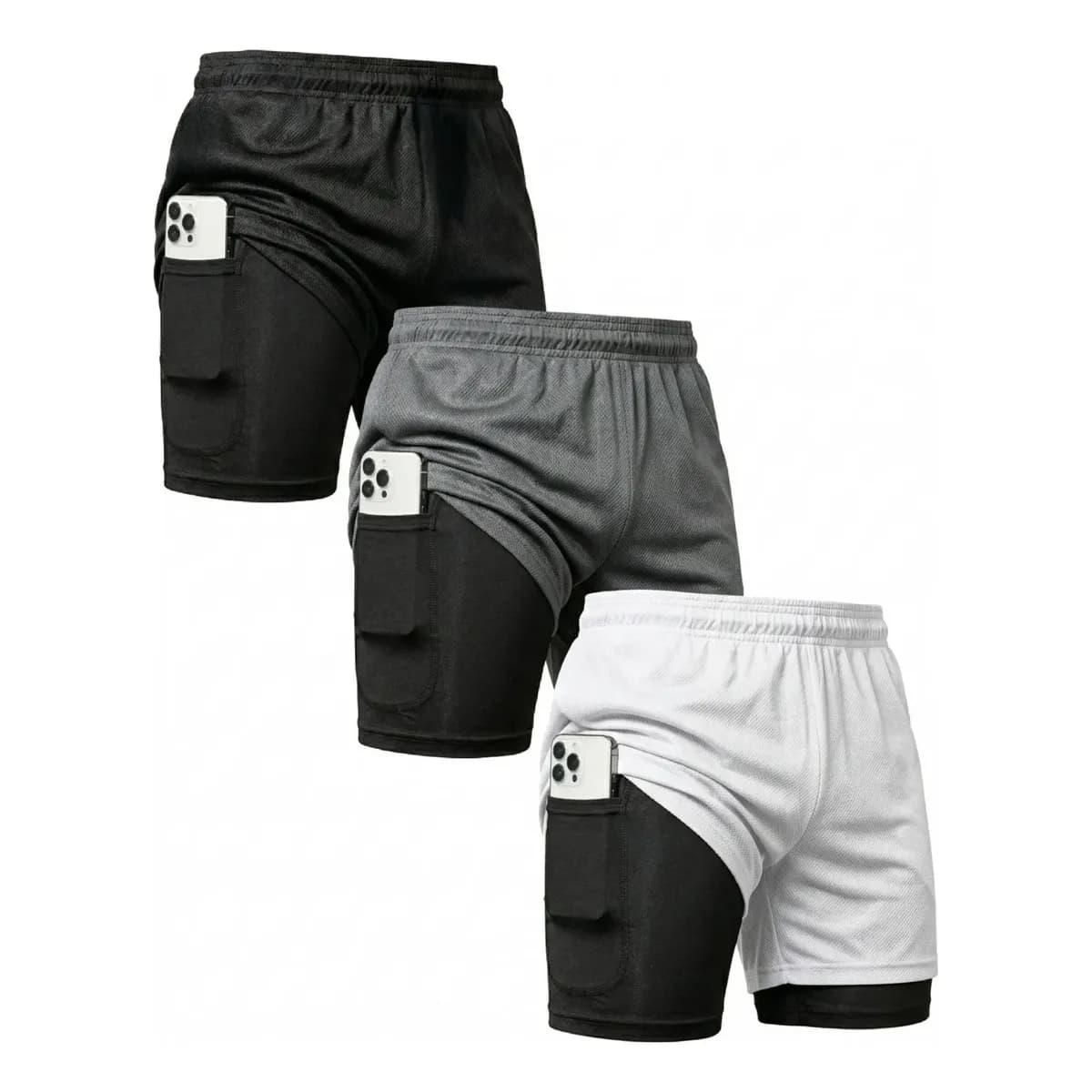 Kit 3 Shorts 2 Em 1 Duplo Bolso Para Academia Treino Corrida