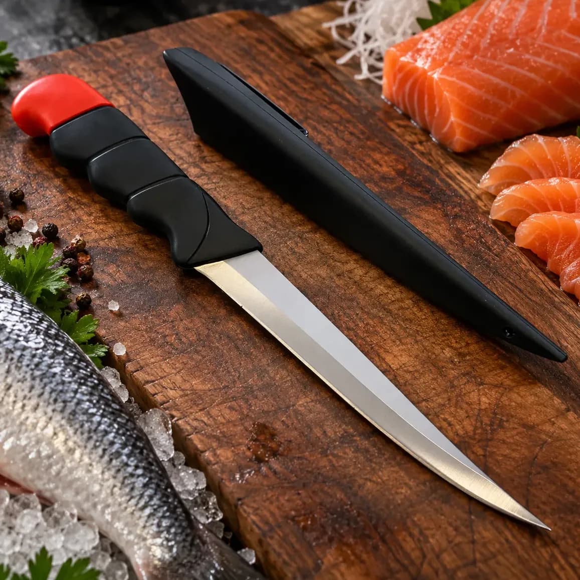 Faca Fileteira File Sashimi Sushi Afiada C/ Bainha Flutuante