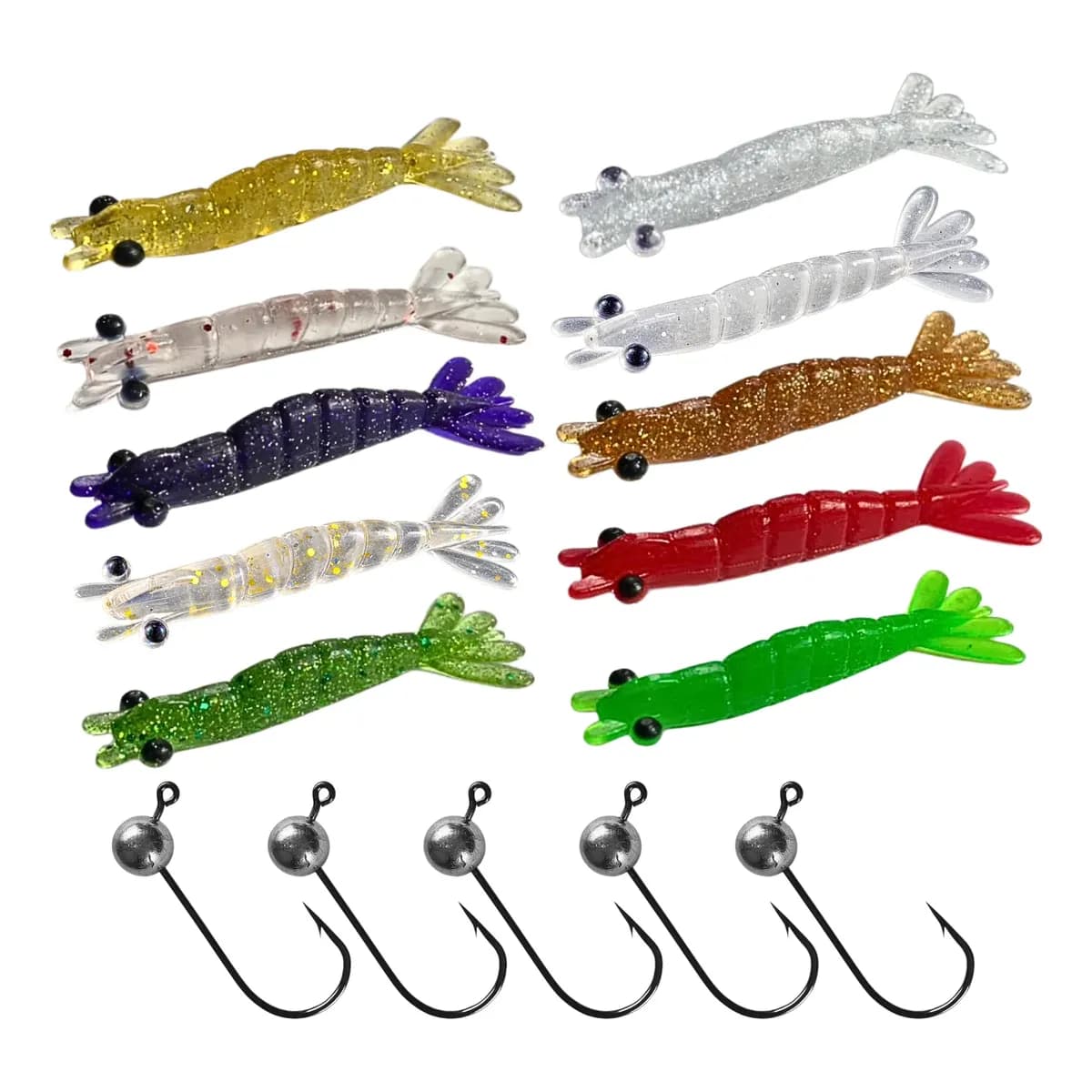 Isca Artificial Camarão Kit 10 + 5 Anzol Jig Head Pesca