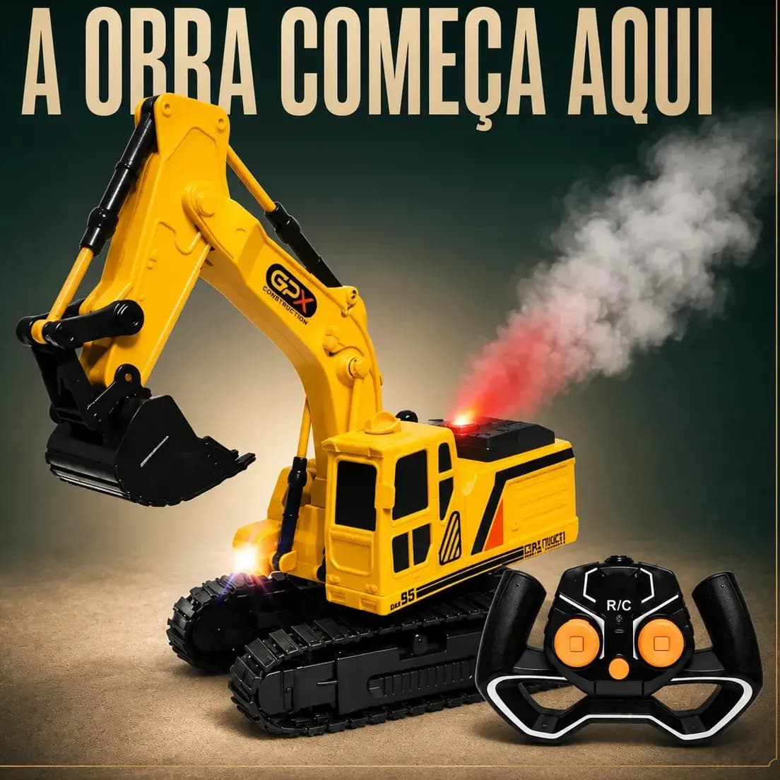Escavadeira Trator Controle Remoto Recarregável Solta Fumaça Led Car Maxi Toys