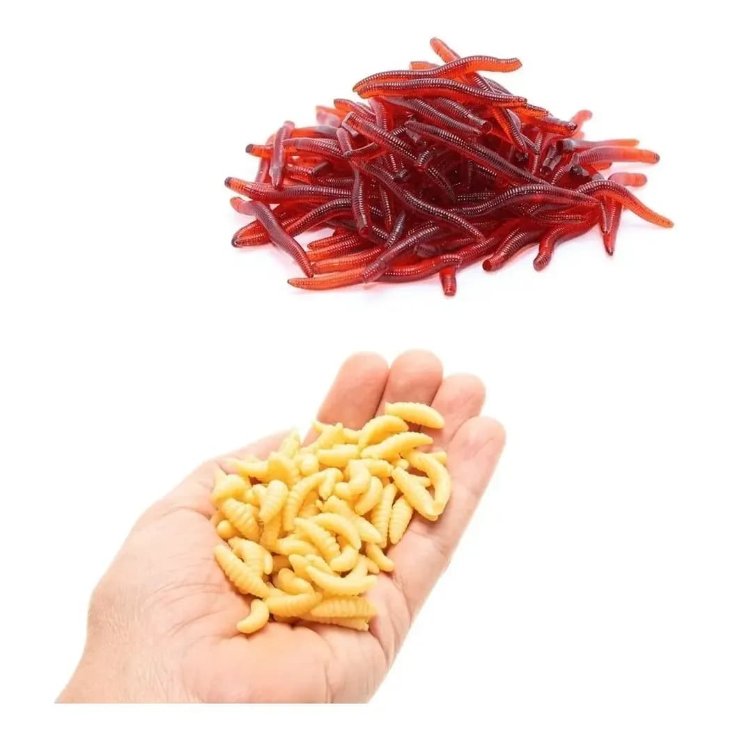 Iscas Artificiais  100 Un Minhocas + 100 Un Larvas Em Silicone Soft Para Pesca  De Tilápia Lambari Piau