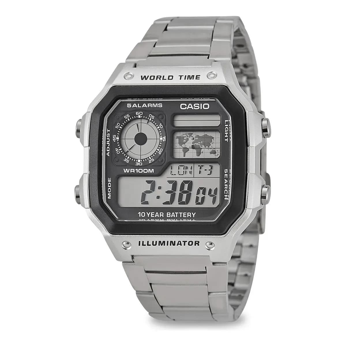 Relógio Casio AE-1200WHD-1 Masculino Word  Time Prata Quadrado Cor da correia Prateado