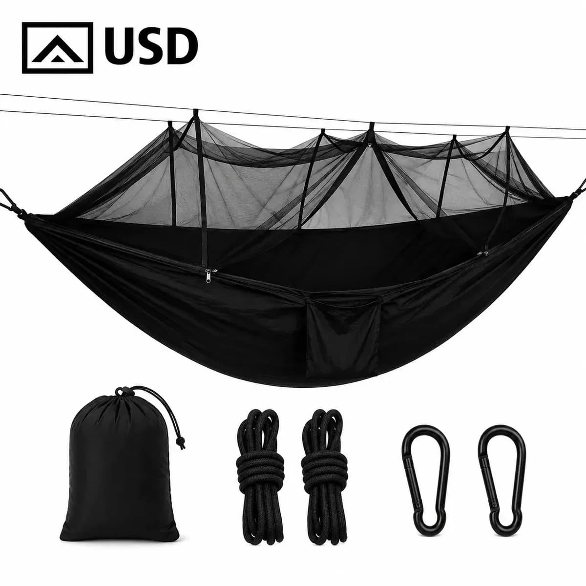 Rede de Dormir com Mosquiteiro USD Nylon 260x140cm 300kg Camping Cor Preto