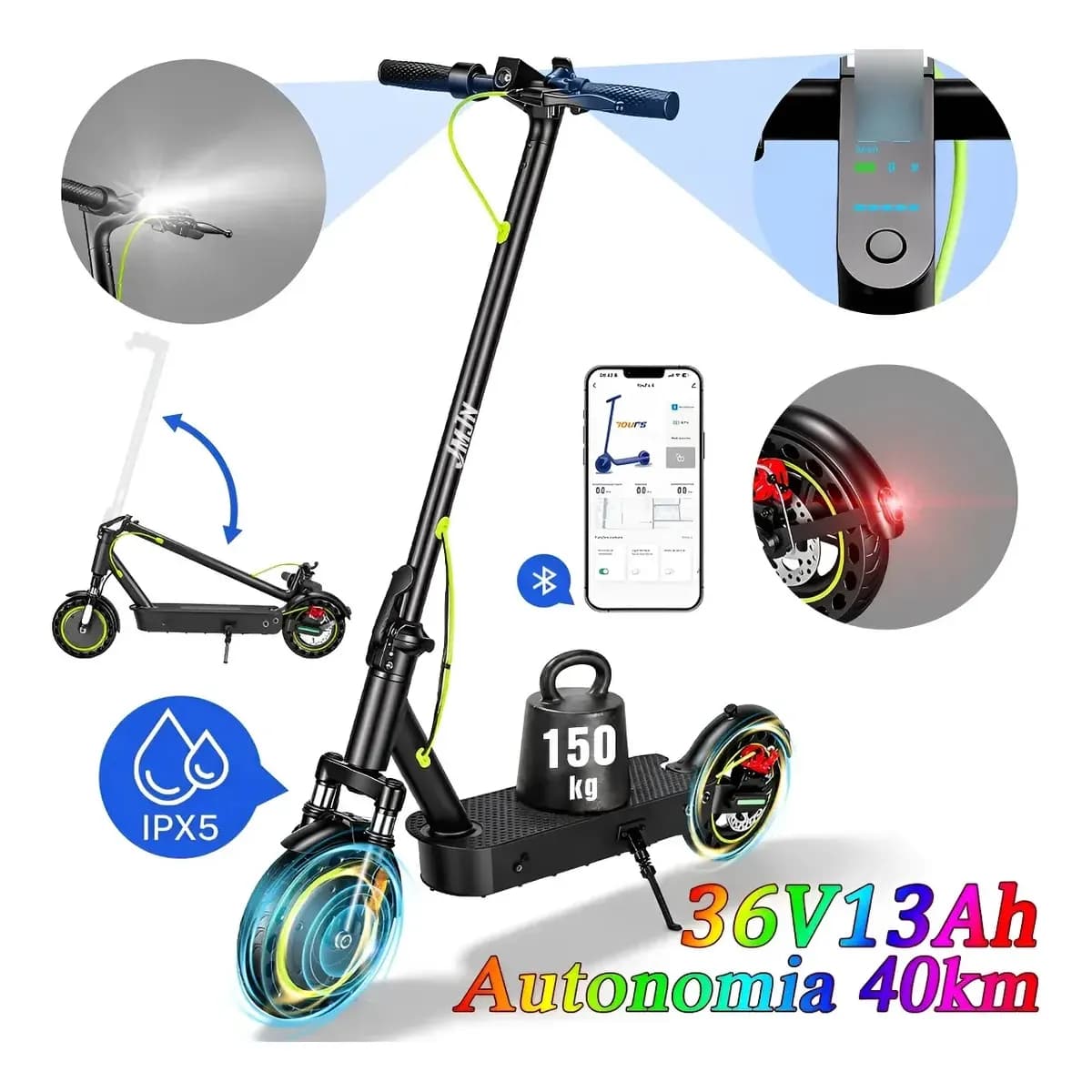 Patinete Elétrico 500w 36v13ah 30km/h C/bluetooth 150kg Jmjn Preto