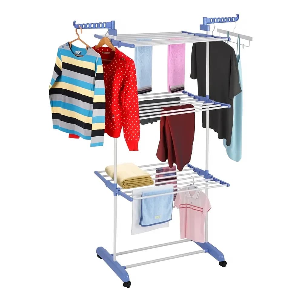 Varal De Chão Grande Varal De Roupas 3 Andares Dobrável Azul