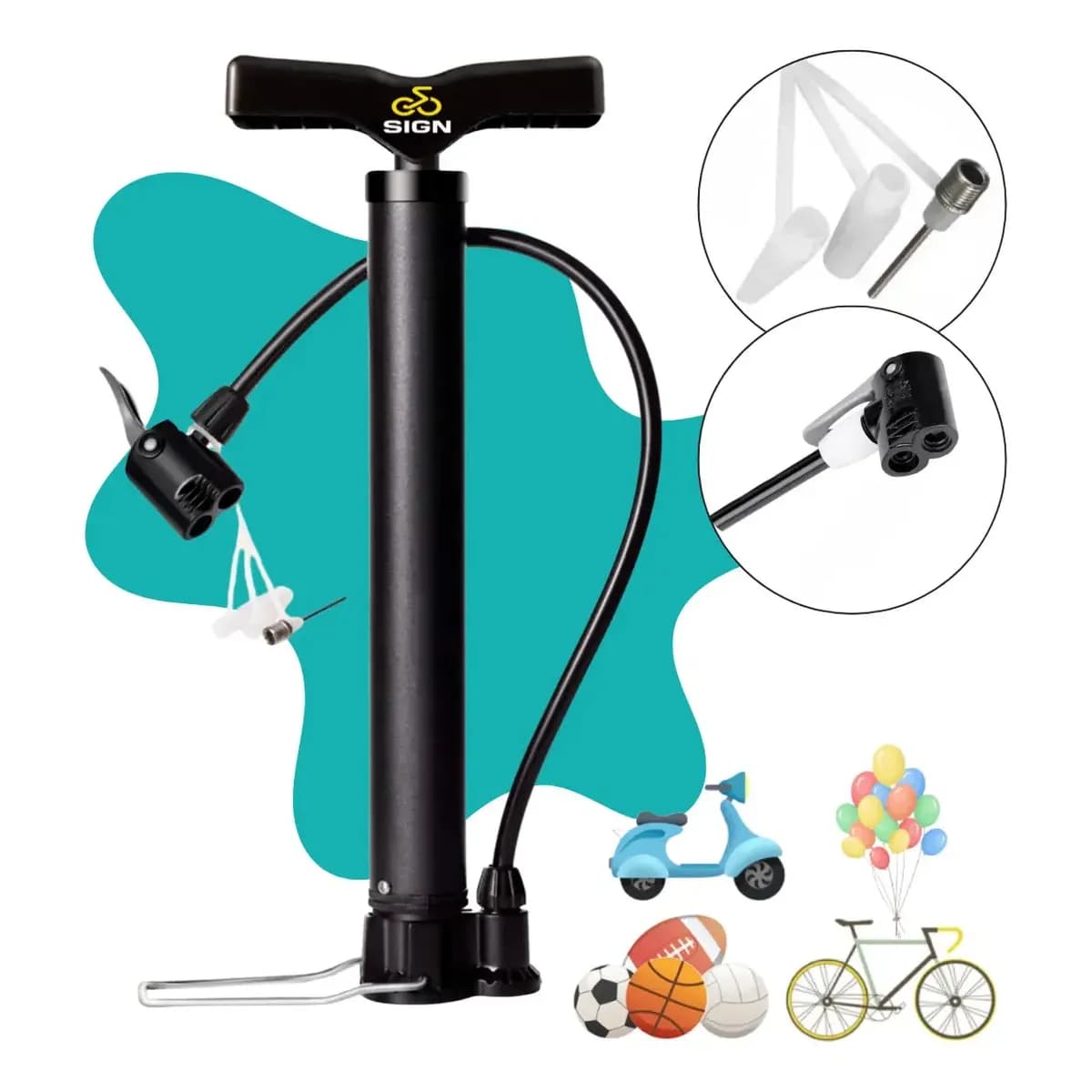 Bomba Para Pneu de Bicicleta Portátil De Ar Manual 3 Bicos 2 Válvulas Fina E Grossa Encher Pneus De Bike Carro Moto Bola Balão Colchão Inflável Bico Schrader E Presta Cor Preto Sign