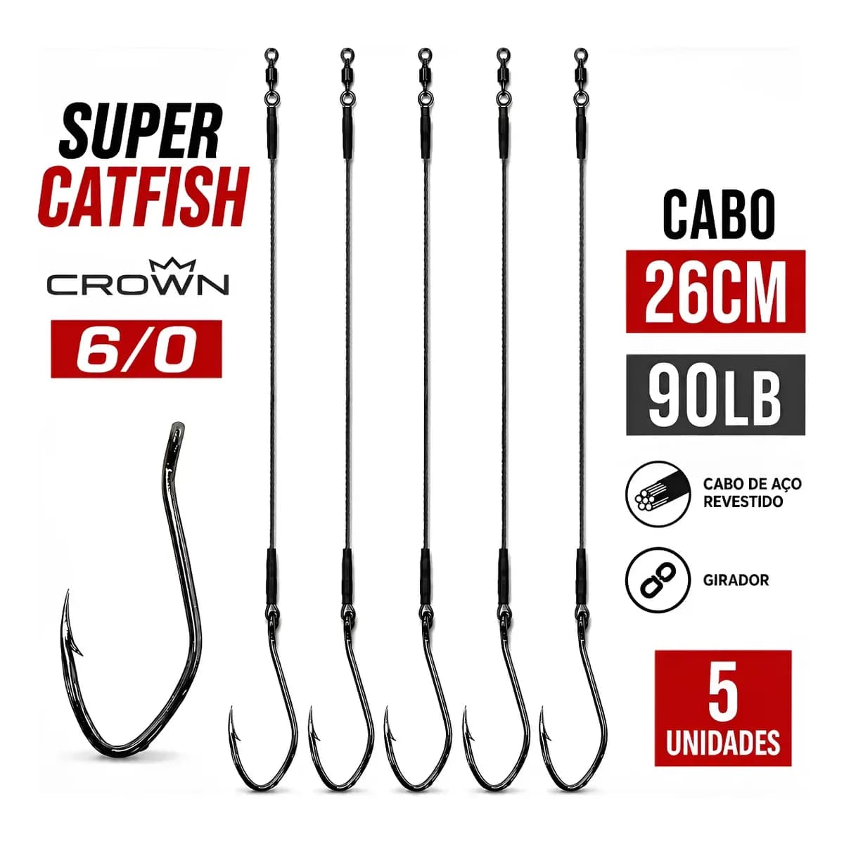 5 Anzol Encastoado Super Catfish 6/0 Cabo 90lb Girador Black