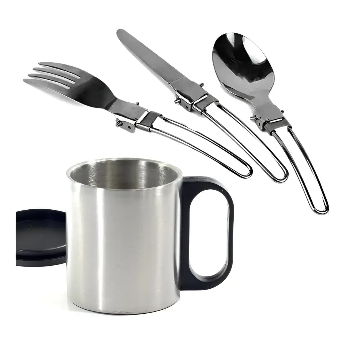 Caneca De Alumínio  Camping Trilha Pesca 150ml + Kit Talher Inox
