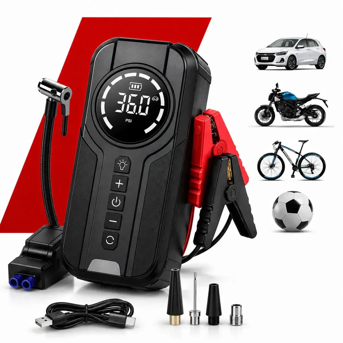 Auxiliar de Partida + Compressor de Ar Digital + Power Bank 3 em 1