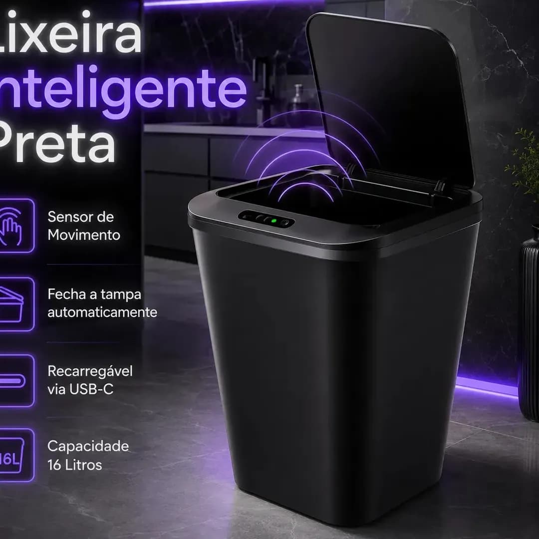 Lixeira Automática Inteligente Smart 16l Preto Sensor Banheiro Cozinha Estilo Moderno
