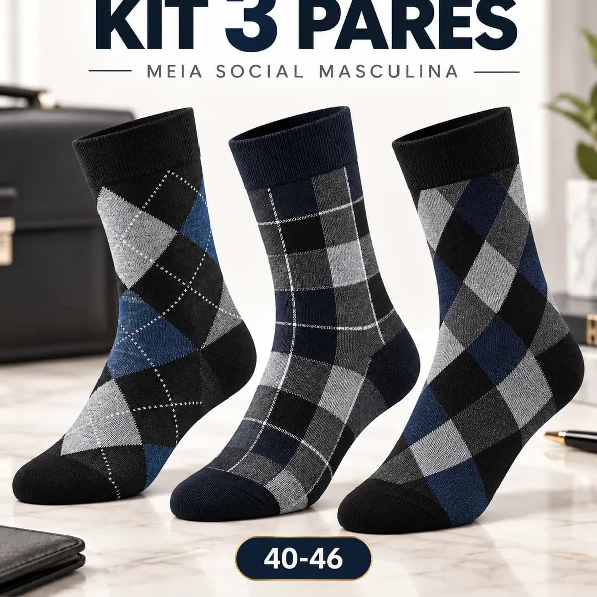 Kit 3 Pares Meia Algodão Social Masculina Escocesa Importada Multicor Cor Único