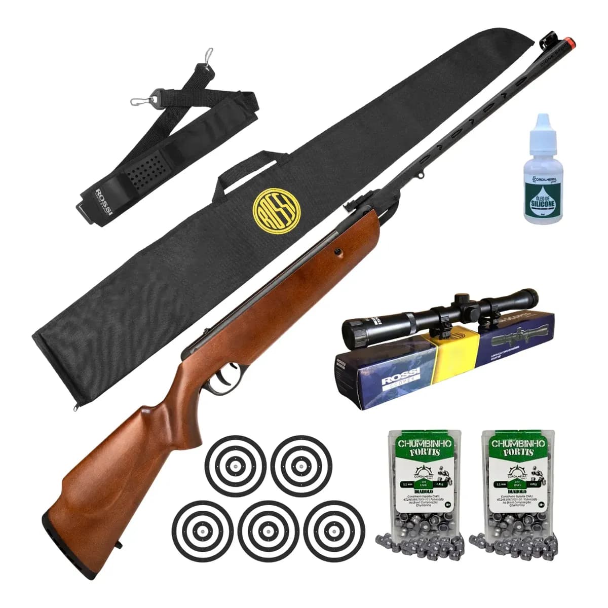 Carabina Pressão Dione Sport Mola Madeira 5,5mm Rossi Luneta Madeira 5.5 Mm