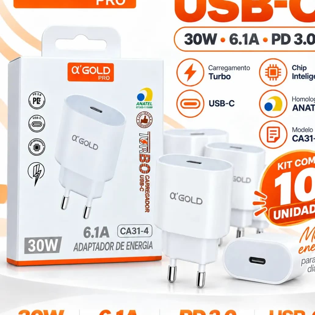 Kit 10 Fontes Carregador Turbo Usb-c 30w A'gold Ca31-4 Branco