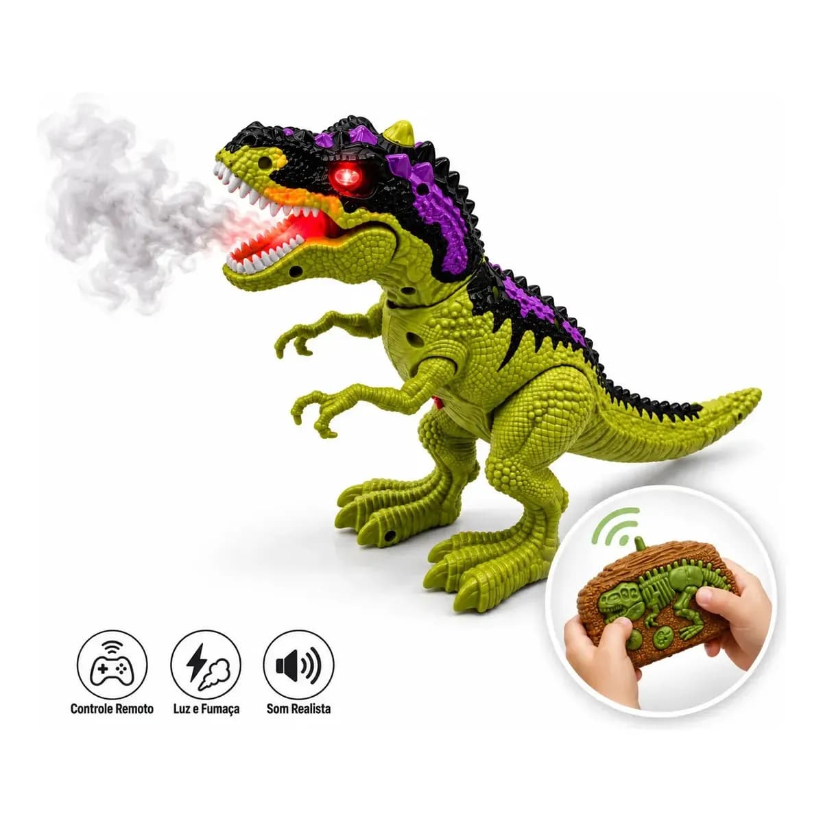 Dinossauro Rex Controle Remoto Anda Solta Fumaça Luz e Som