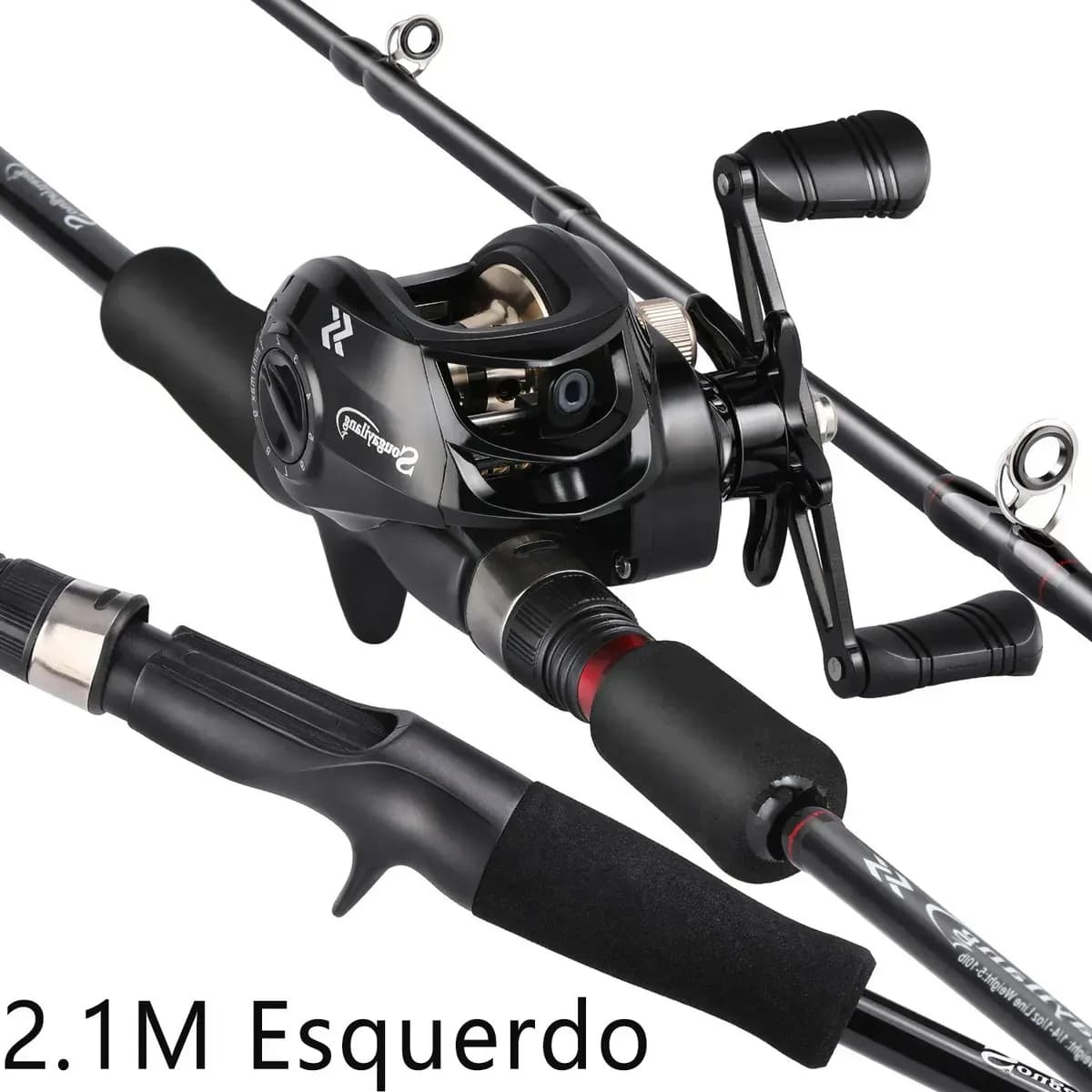 Kit Pesca Vara Carbono Carretilha Perfil Baixo 18+1bb 7.2:1 2.1m Preto Esquerdo