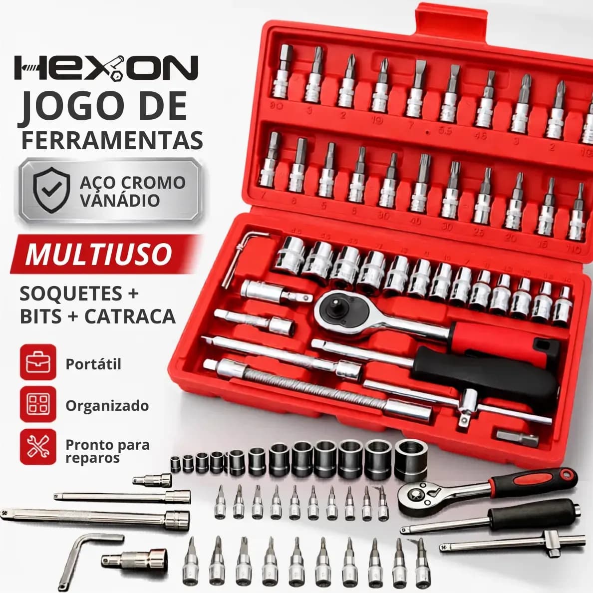 Kit Ferramentas 46 Peças Com Soquetes e Chaves Para Carro e Casa Vermelho Hexon